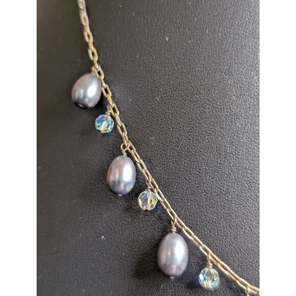 925 Sterling Silver Purple Teardrop Pearl Crystal Dangles 16.5"-18" Necklace - Picture 3 of 8